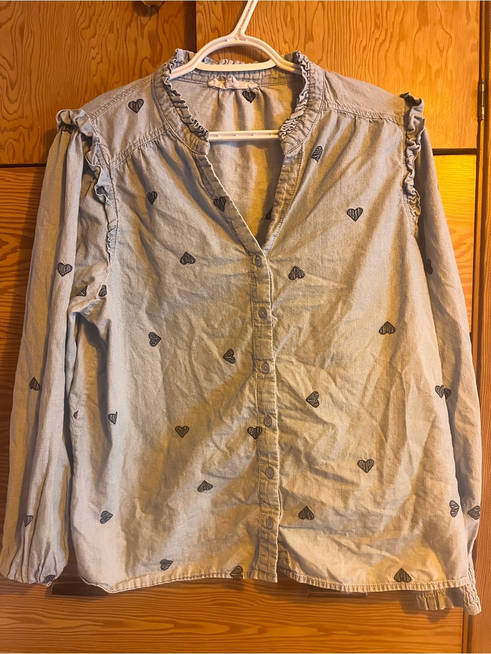 Women's Light Blue Heart-Print Ruffle Button-Front Top - Picture 4 of 4
